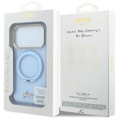9. Guess IML Ring Stand 360 Script Metal Logo MagSafe Case for iPhone 17 Pro / 18 Pro - Light Blue