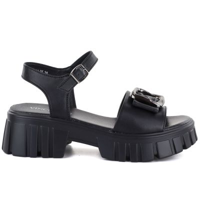 2. Women's leather sandals on a platform with decoration, black Vinceza 26-79611