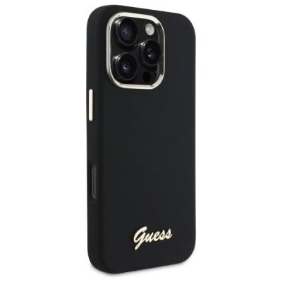4. Guess Silicone Script Metal Logo & Frame Case for iPhone 16 Pro Max - Black