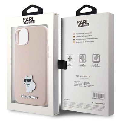 8. Karl Lagerfeld Silicone Choupette Metal Pin Case for iPhone 15 Plus / 14 Plus - Pink