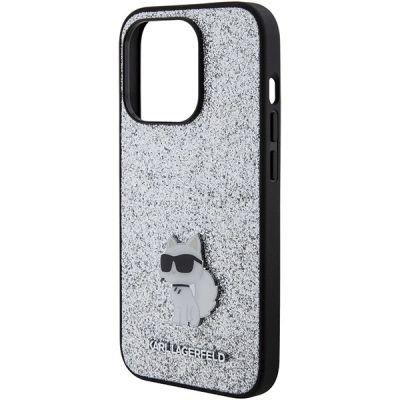 6. Karl Lagerfeld Fixed Glitter Choupette Logo Metal Pin Case for iPhone 15 Pro Max - Silver