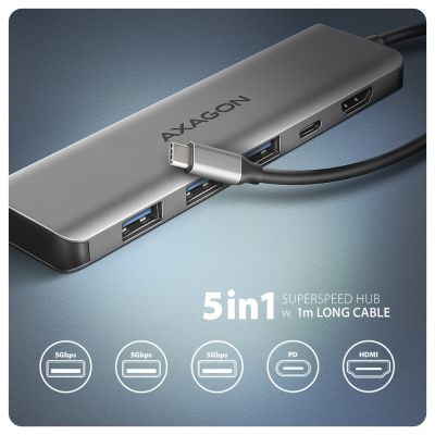2. Axagon HMC-5H USB-C 3.2 Gen 1 hub 3x USB-A 4K HDMI PD 100W - Silver Wired USB 3.2 Gen 1 (3.1 Gen 1) Type-C Silver