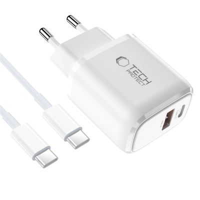 3. Tech-Protect NCA30 PD 30W QC3.0 USB-A / USB-C Wall Charger + USB-C / USB-C Cable 100cm - White