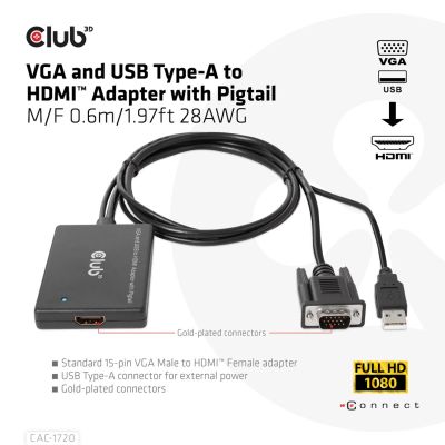 3. CLUB3D CAC-1720 Cable Adapter 0.6m HDMI Type A (Standard) VGA (D-Sub) + USB Black