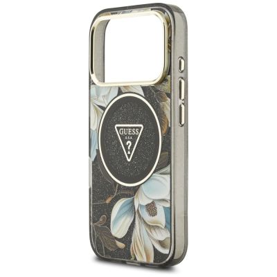 6. Guess IML Glitter Flowers Triangle MagSafe Case for iPhone 17 Pro / 18 Pro - Black