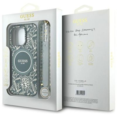 7. Guess IML Flowers Allover Electro With Pearl Strap MagSafe case for iPhone 16 Pro Max - green