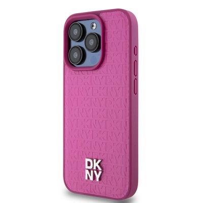 2. DKNY Leather Monogram Pattern Metal Logo MagSafe Case for iPhone 15 Pro - Pink