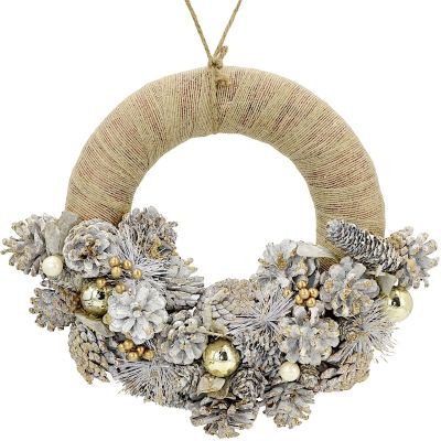 2. DECORATIVE HALF WREATH 34 CM GOLD WITH PINE CONES AND BAUBLES MICA