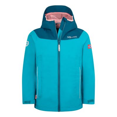 Trollkids Bergen Waterproof Jacket Mist Aquamarine/Harbor Blue/Mellow Peach (611-137)