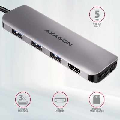 2. Axagon HMC-HCR3A 3x USB-A+ HDMI+ SD/microSD USB-C 3.2 Gen 1 hub 20cm Wired USB 3.2 Gen 1 (3.1 Gen 1) Type-C Gray