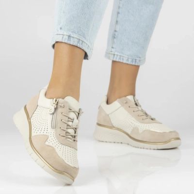 6. Women's leather sneakers with openwork wedges, beige Filippo DP7605