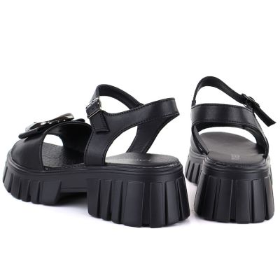 4. Women's leather sandals on a platform with decoration, black Vinceza 26-79611