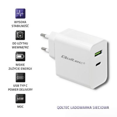 6. QOLTEC WALL CHARGER 45W | 5-20V | 2.4-3A | USB TYPE C PD | USB | WHITE