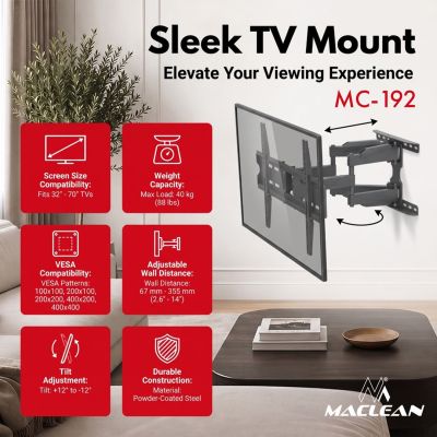 11. MACLEAN TV MOUNT 32-70''MAX VESA 400X400, 32-70", UP TO 40KG, BLACK, TILT ADJUSTMENT +12°~-12° I