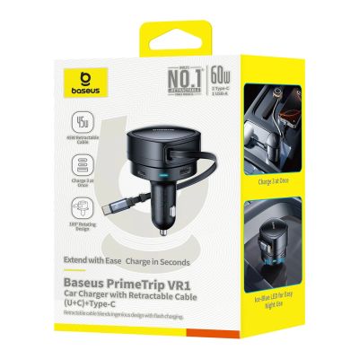 3. Baseus PrimeTrip VR1 60W USB-A USB-C Car Charger with Retractable USB-C Cable - Black