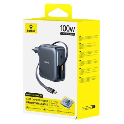 4. Baseus EnerCore CJ11 100W Wall Charger with USB-A and USB-C Ports and Retractable USB-C Cable - Black