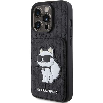 2. Karl Lagerfeld Saffiano Cardslots and Stand Monogram Choupette Case for iPhone 15 Pro Max - Black