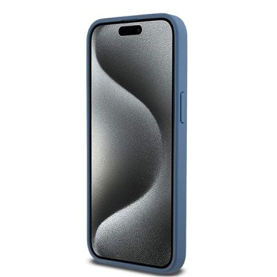 10. DKNY Leather Monogram Pattern Metal Logo MagSafe Case for iPhone 15 Pro Max - Blue