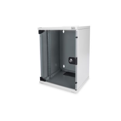 2. 10" network kit: 9U wall-mounted cabinet, shelf, power strip, 8-port switch, Cat.6 panel, gray