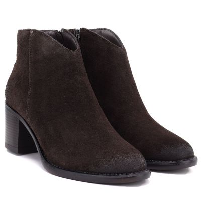 4. Women's leather ankle boots with a block heel, suede, chocolate, Cambell JE19473
