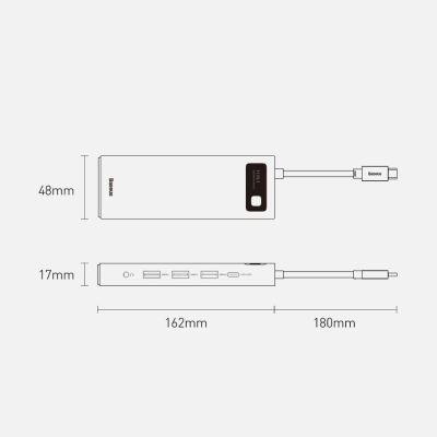 28. Baseus Metal Gleam 11in1 multifunctional USB Type C HUB - 3x USB 3.2 Gen 1 5Gbps / USB Type C PD 100W / 3.5 mm mini jack AUX / VGA Full HD 60Hz / 2x HDMI 4K 30Hz / TF and SD card reader / RJ45 1Gbps gray (CAHUB-CT0G)