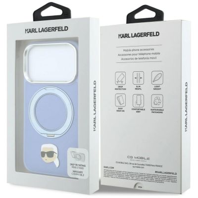 8. Karl Lagerfeld with Ring Stand 360 Karl Head Pin MagSafe Case for iPhone 18 Pro / 17 Pro - Light Blue