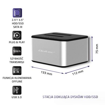 3. QOLTEC Dual-Bay Docking Station for 2 HDDs/SSDs 2x 2.5"/3.5" SATA | USB 3.0 | CLONING