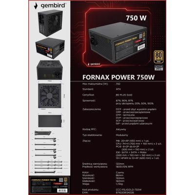 14. GEMBIRD COMPUTER POWER SUPPLY FORNAX POWER 750W 80+ GOLD ATX, 750W, ACTIVE PFC, 12CM FAN