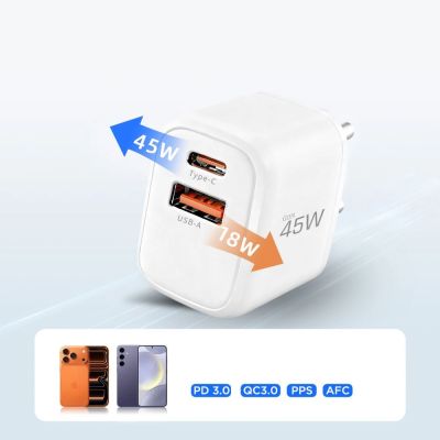 8. Tech-Protect NCA45W-GAN 2-Port 45W Wall Charger with USB-C Cable - White