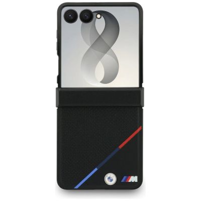 2. BMW M Leather Perforated Tricolor Stripe Metal Logos MagSafe Case for Samsung Galaxy Z Flip 8 - Black