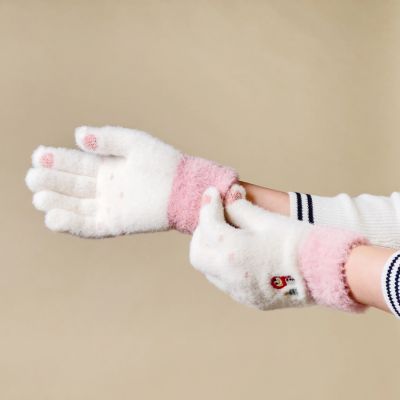 5. Women's winter telephone gloves with a snowman and a Christmas tree - white and pink