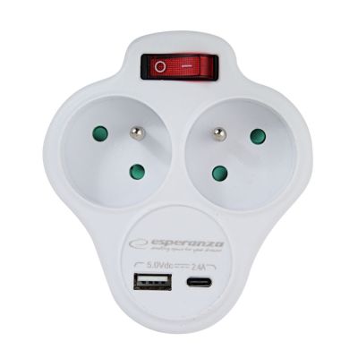 ESPERANZA ELECTRIC SPLITTER 2 OUTLETS USB-C USB-A ON WHITE ELK311W