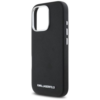 6. Karl Lagerfeld Saffiano Full Wrapped Elongated Metal Logo MagSafe Case for iPhone 16 Pro Max - Black