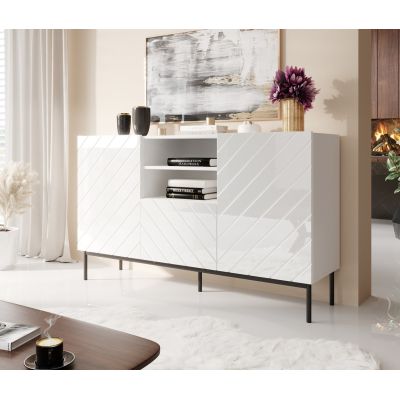 ABETO chest of drawers on a black steel frame, 150x42x90, white/white gloss