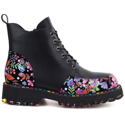 2. Women's leather combat boots with floral pattern, black Artiker 57C0180