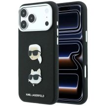 Karl Lagerfeld Saffiano Case with Karl & Choupette Heads Pins & Logo for iPhone 18 Pro Max / 17 Pro Max - Black