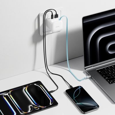 6. Cuktech AD653W 67W GaN 2x USB-C + USB-A Wall Charger with 70cm Retractable USB-C Cable - White