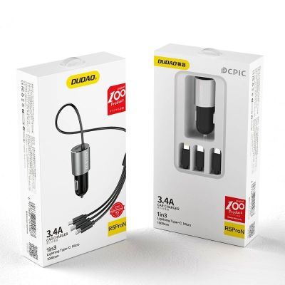 5. Dudao 3in1 USB car charger 3,4 A built-in cable Lightning / USB Type C / micro USB black (R5ProN black)