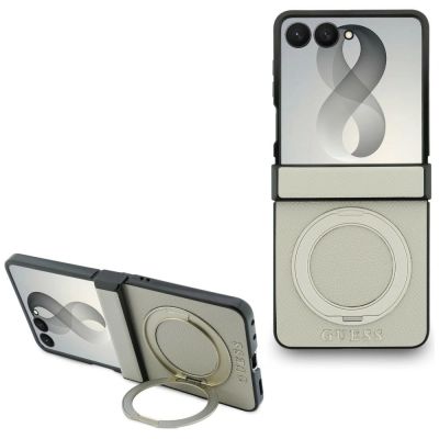 Guess Magnetic Ring Stand Grained Classic Logo MagSafe case for Samsung Galaxy Z Flip 8 - beige