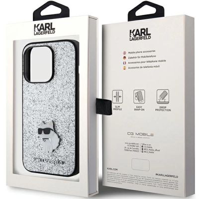 8. Karl Lagerfeld Fixed Glitter Choupette Logo Metal Pin Case for iPhone 15 Pro - Silver