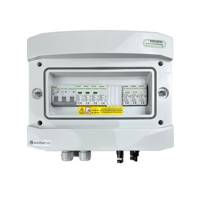 DCAC hermetic IP65 EMITER connection box with Noark 1000V DC surge arrester type 1+2, 1 x PV string, 1 x MPPT // Noark AC limiter type 1+2, 10A 3-Ph
