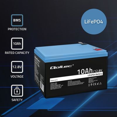 2. Qoltec 53713 LiFePO4 Lithium Iron Phosphate Battery | 12.8V | 10Ah | 128Wh | BMS