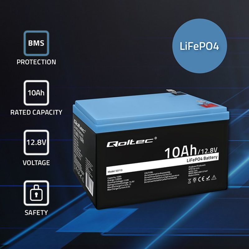 2. Qoltec 53713 LiFePO4 Lithium Iron Phosphate Battery | 12.8V | 10Ah | 128Wh | BMS