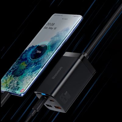 15. Baseus GaN3 Pro fast charger GaN 2 x USB Type C / 2 x USB 65W PD, QC4.0+, AFC, PPS + cable USB Type C - USB Type C 1m black (CCGP040101)