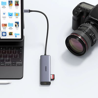 23. Ugreen CM512 90568 USB-C Adapter - 2x USB-A 3.0 / HDMI / RJ45 / SD and TF Card Reader / USB-C PD 100W - Gray