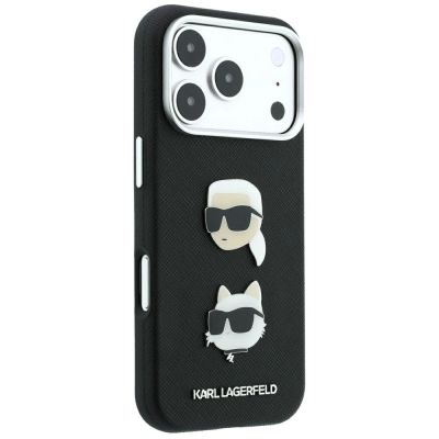 4. Karl Lagerfeld Saffiano Case with Karl & Choupette Heads Pins & Logo for iPhone 18 Pro / 17 Pro - Black