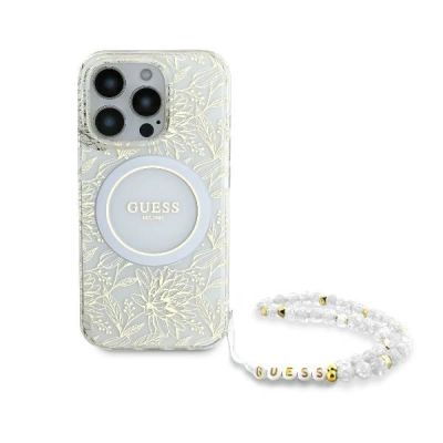 2. Guess IML Flowers Allover Electro With Pearl Strap MagSafe case for iPhone 16 Pro - white