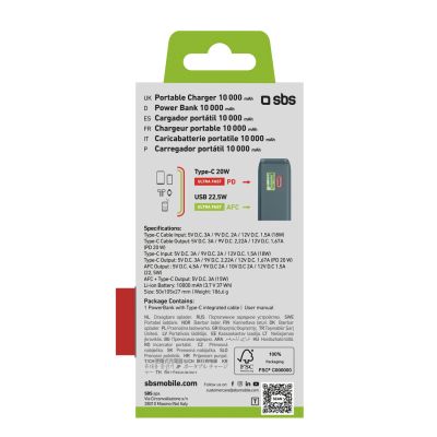 3. Powerbank SBS 10000 mAh 20W with built-in USB-C cable and digital display - gray