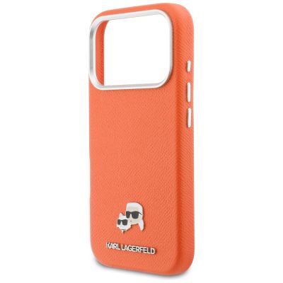 6. Karl Lagerfeld Karl & Choupette Head Pins Saffiano MagSafe Case for iPhone 17 Pro - Orange