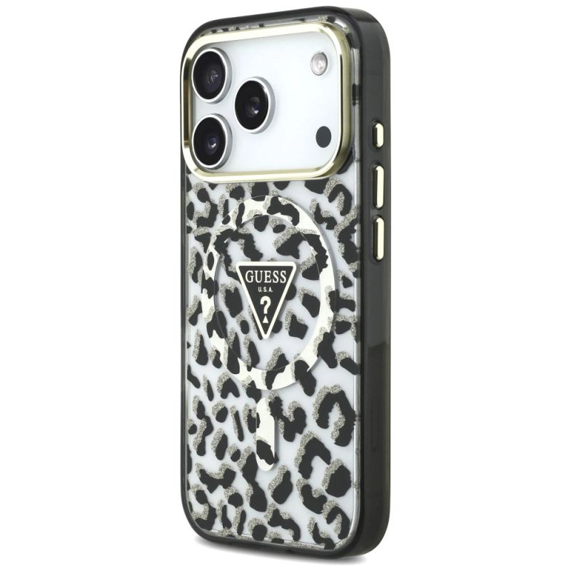 2. Guess IML Leopard Glitter Triangle Logo MagSafe Case for iPhone 17 Pro / 18 Pro - Black